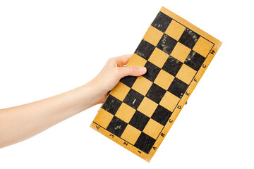 Chessboard in hand. Isolate on white background.