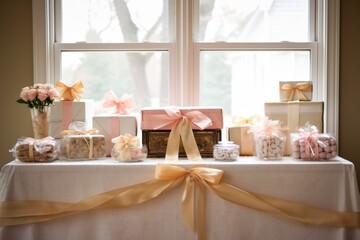 beautifully arranged bridal shower present table
