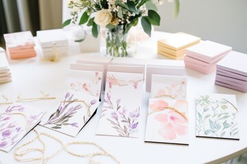 bridal shower invitations arranged on a white table