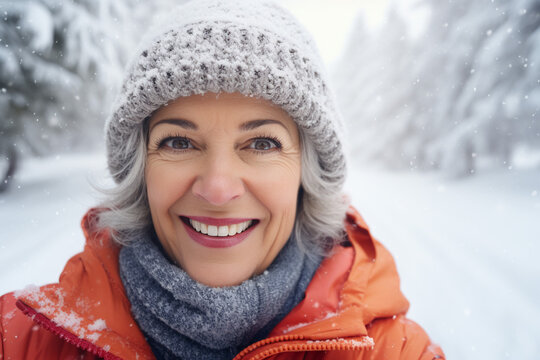 smiling mature woman taking a selfie on a snowy winter day