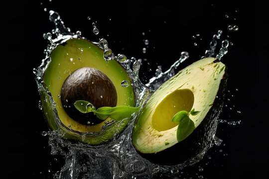 Capturing motion and flavor, a swift slice of avocado is surrounded by lime droplets, painting a dramatic culinary moment.