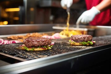 burger on a griddle being flipped - obrazy, fototapety, plakaty