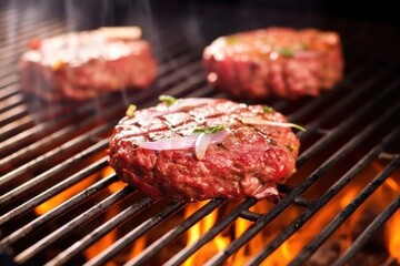 burger patty on barbecue grill with thermometer checking - obrazy, fototapety, plakaty