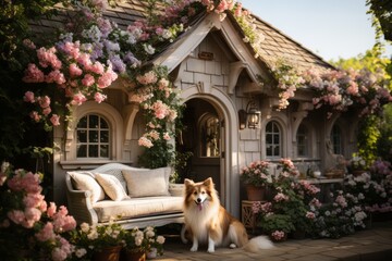 Cozy cottage-style dog house surrounded by blooming flowers, Generative AI