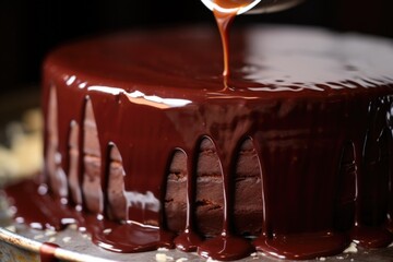 a close-up of a glossy chocolate ganache glazing a cake