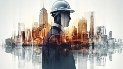 Fotobehang Double exposure of Engineer with safety helmet on construction site background. Engineering and architecture concept © ffunn