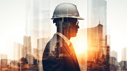 Double exposure of Engineer with safety helmet on construction site background. Engineering and architecture concept