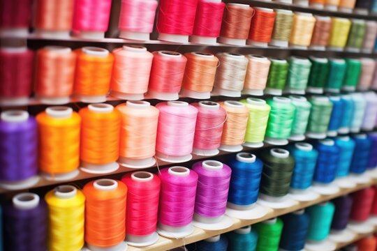 brightly colored spools of thread on a rack