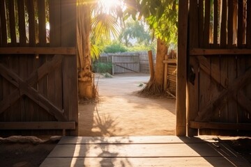 pathway leading to a wooden door or gate, view during daylight
