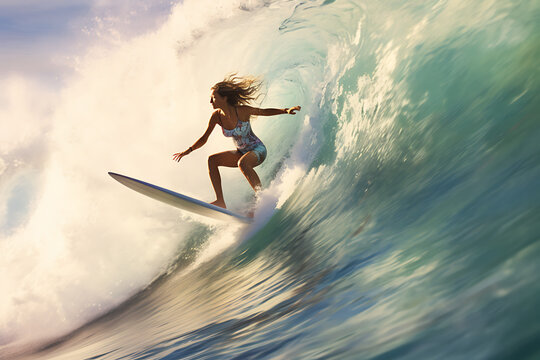 Girl surfing a wave in maui, hippie girl, alternative, fun, sport woman, wave surfing, ocean