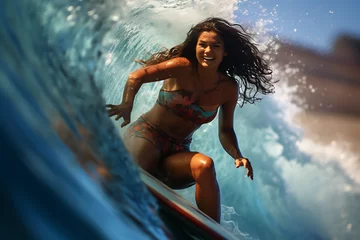 Fototapeten Girl surfing a wave in maui, hippie girl, alternative, fun, sport woman, wave surfing, ocean © MrJeans