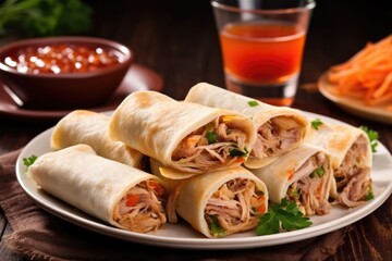 soft tortilla rolls filled with carolina pulled pork and tangy vinegar sauce