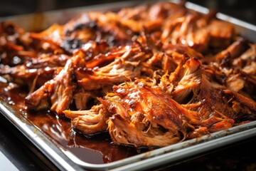 carolina pork pulled and bathed in glowing vinegar sauce on an aluminum tray