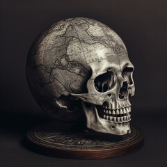 skull with globe map, carving map