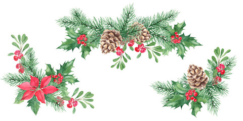 Fototapeta na wymiar Christmas bouquets set. Pine cone and branches, Holly plant with red berries. Poinsettia and cowberry, lingonberry. Symbols of the New year and Christmas. Watercolor hand painted illustration isolated