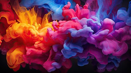 Colorful liquid explosion under water on black background. Abstract backdrop with color splashes. Underwater explosion paint.

