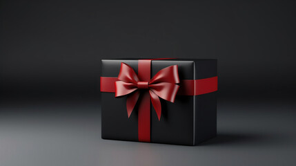 Gift box with red bow on black background. Black friday concept.