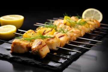 chicken skewers arranged on a black slate with lemon wedges