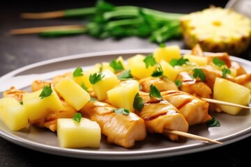 close-up of chicken skewers with pineapple chunks