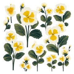 Set of pansy flowers with leaves and stems, vector illustration.