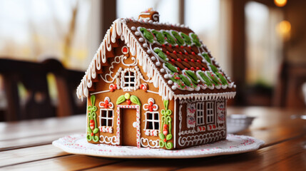 Gingerbread house on the wooden table