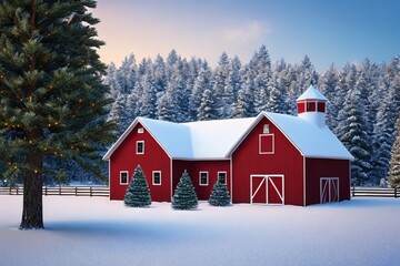 red house in the snow and trees covered with snow