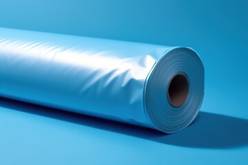Blue roll of plastic on blue background, monochrome image - obrazy, fototapety, plakaty