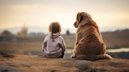 Little girl and golden retriever dog at sunset. Friendship concept.