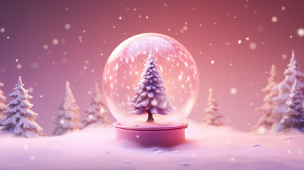 Fototapeta na wymiar Snow Ball With Christmas Tree on pink background