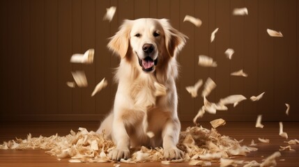 Golden Retriever dog with falling pet food in the wooden room