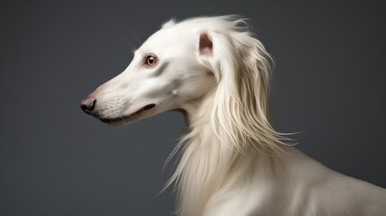 Portrait of a white borzoi dog on grey background