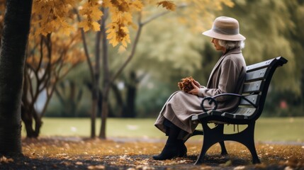 Elderly woman sitting on a bench in the autumn park. - obrazy, fototapety, plakaty