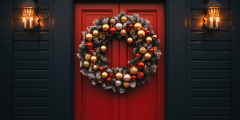 A close up of a Christmas wreath on a door