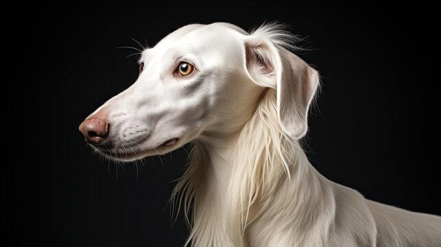 Portrait of a white borzoi dog on a black background