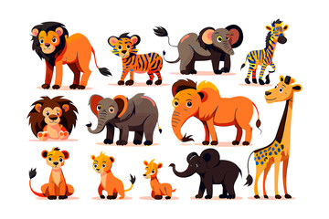 Colorful set of little cartoon animals characters clipart bundle. Baby animals icons set isolated on white background. Cartoon character design. Color vector illustration of wild animal world.
