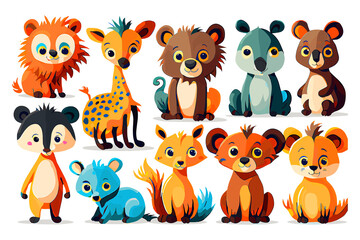 Colorful set of little cartoon animals characters clipart bundle. Baby animals icons set isolated on white background. Cartoon character design. Color vector illustration of wild animal world.