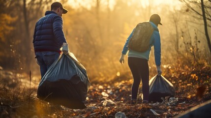 Volunteers collecting garbage in the forest on a sunny autumn day - obrazy, fototapety, plakaty