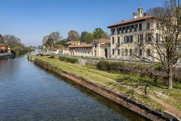 Spectacular view of the Naviglio Grande canal in Lombardy, Italy