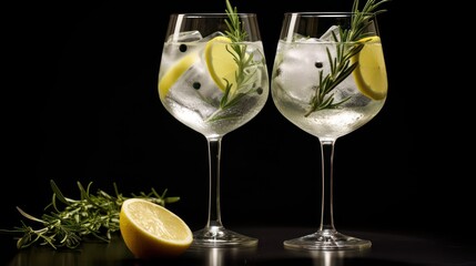 Two glasses of sparkling water with lemon and rosemary on black background