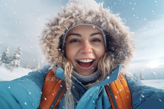 smiling young woman taking a selfie on a snowy winter day