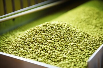 close-up of green coffee beans in a hopper