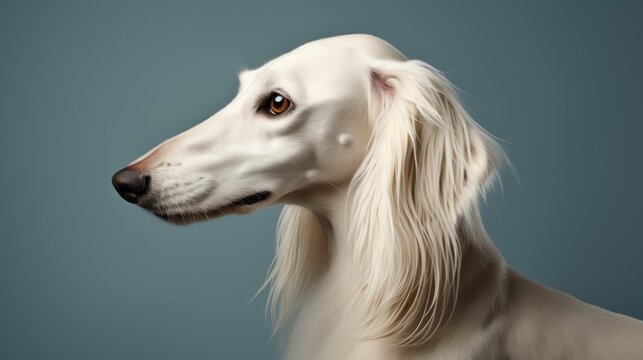 Portrait of a white borzoi dog on a blue background