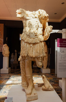 Cherchell, Algeria, 10 23 2023 : famous Roman statue on display in the National Public Museum of Cherchell. Text. Roman emperor, maybe Claudius, with a breastplate.