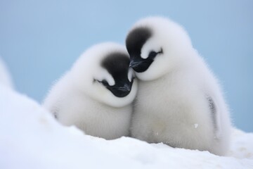 penguins cuddling in the snow