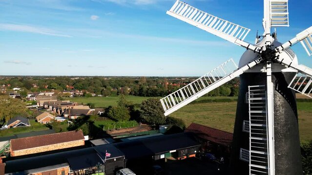 Waltham windmill. Aerial drone video clip of the historical working windmill. Only six sailed windmill in the UK