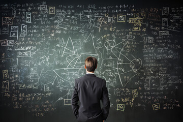 A teacher stands in front of a chalkboard