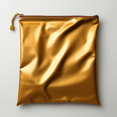 Obraz premium Empty gold metallic pouch mockup, packet, white background 