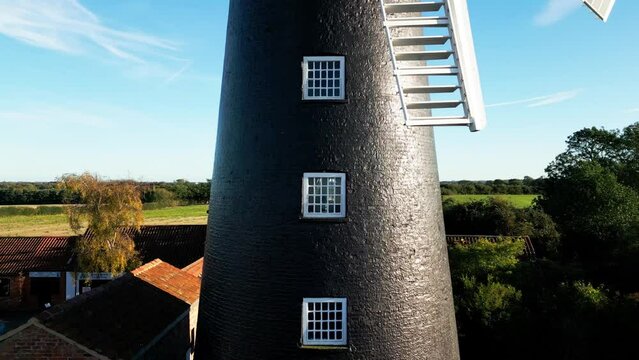 Waltham windmill. Aerial drone video clip of the historical working windmill. Only six sailed windmill in the UK