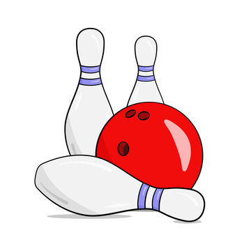 Red bowling ball and three bowling pins