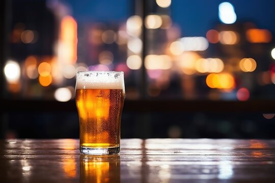 Bright City Lights Reflecting Off A Cold Glass Of Beer